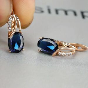 "Amber" 18k Gold Plate Deep Blue Sapphire Simulated Hoop Earrings